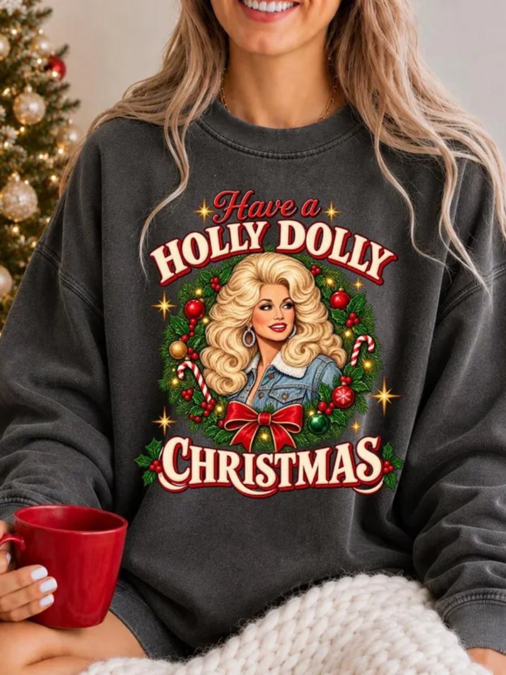 Charcoal Have a Holly Dolly Christmas Graphic Sweatshirt